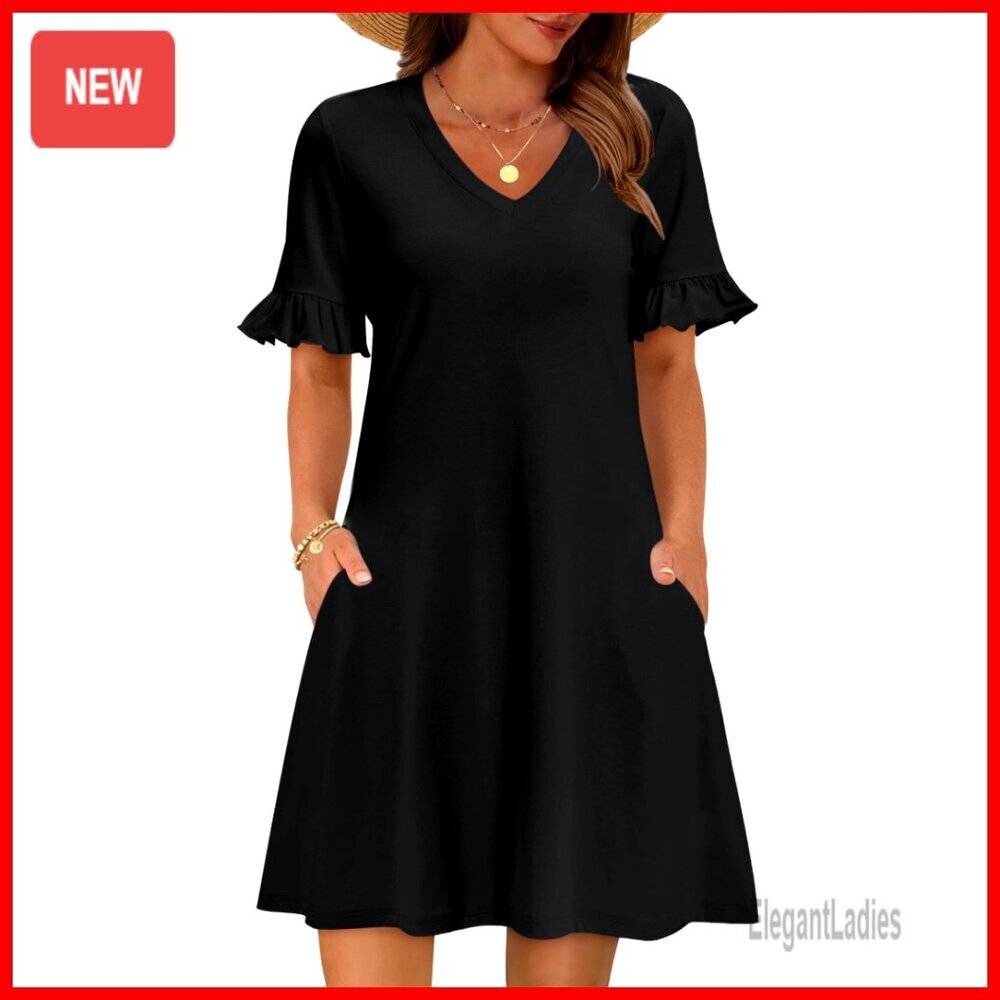 Floral A-Line T-Shirt Dress with Ruffle Sleeves and Pockets